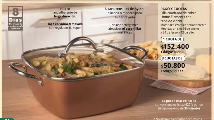 Home Elements - Olla cuadrada de cobre con tapa de vidrio