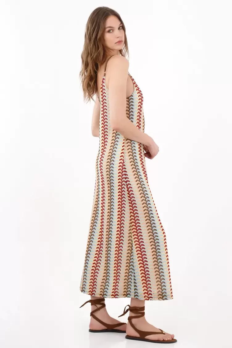 Vestido largo con estampado de ondas multicolor en beige para mujer