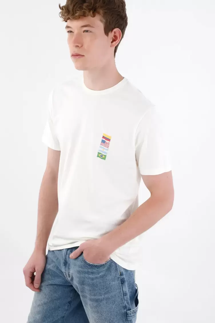 Camiseta regular con mini gráfico de banderas en algodón blanco para hombre