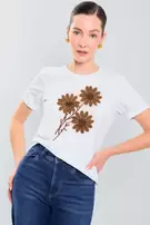 T-shirt manga corta bordada con flor 3d - Marrón