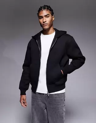 ASOS DESIGN heavyweight relaxed boxy zip-through in scuba-style fabric in black