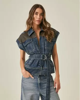 Chaleco Heritage de Mujer con Cuero en Almillas Lavado Oscuro en Mezcla de Algodón y Lyocell