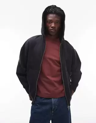 Topman heavyweight oversized fit zip through hoodie in black