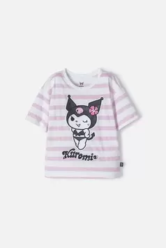 Camiseta de Kuromi rosada y blanca con diseño a rayas para niña