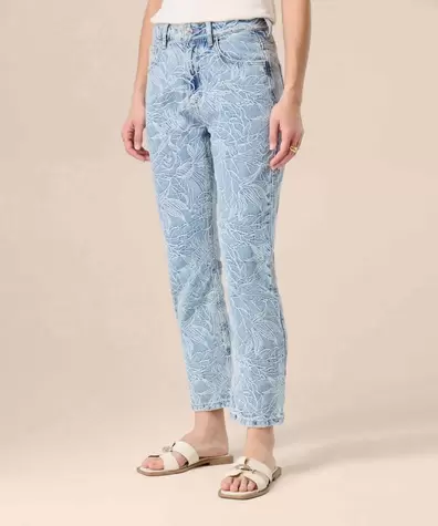 Jeans Straight Con Bordado Floral Para Mujer