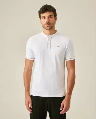 Camisa Polo de Hombre Slim Fit Cuello Nerú Manga Corta Sesgos en Contraste en Mezcla de Algodón