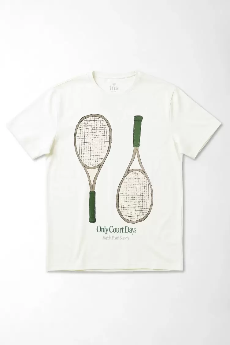Camiseta gráfica corte recto con print de raquetas en algodón blanco para hombre