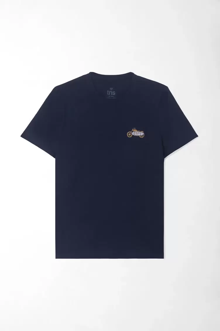 Camiseta fit clásico con mini gráfico de moto en algodón azul marino para hombre