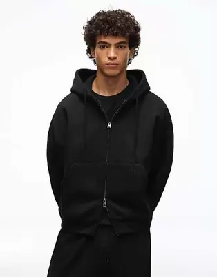 Bershka Boxy zip-up hoodie in black