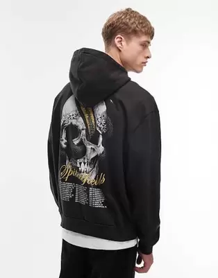 AllSaints skull snake graphic hoodie in washed black