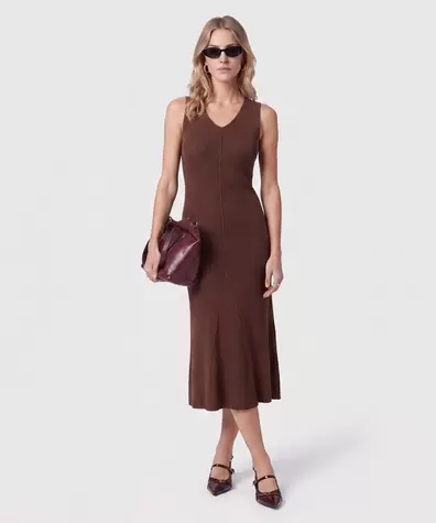 Vestido Midi Tejido Cuello V Para Mujer