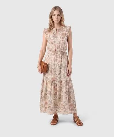 Vestido Largo Estampado Con Volantes Para Mujer