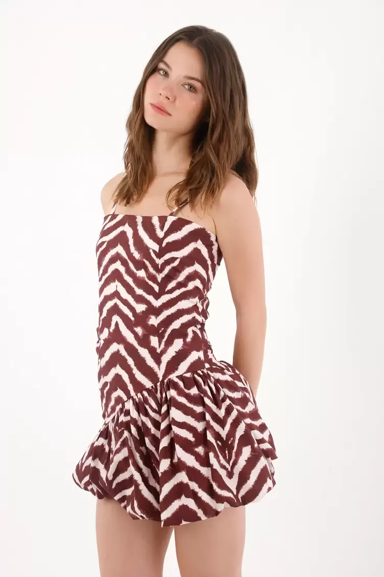 Vestido corto con falda globo en algodón marrón estampado para mujer