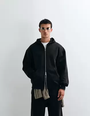 ASOS DESIGN premium heavyweight oversized washed zip through in Black