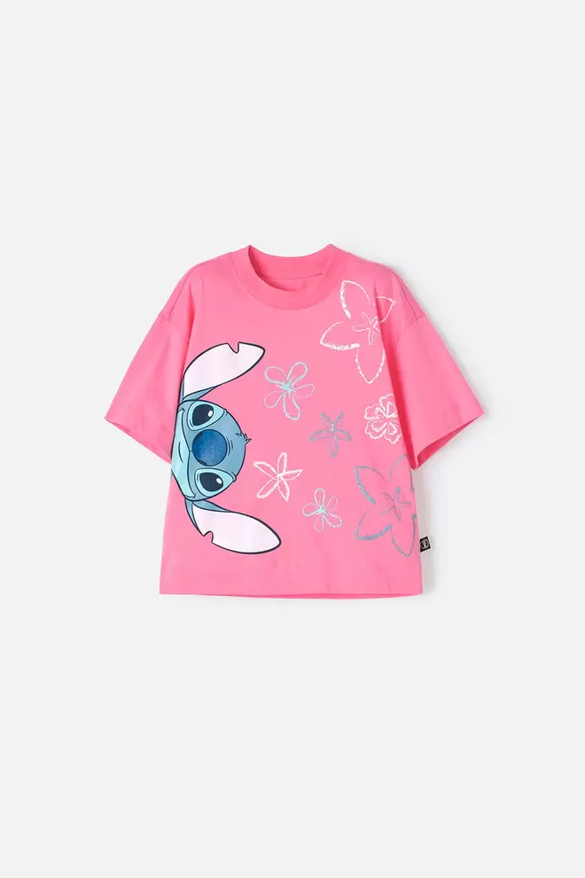 CAMISETA DE STITCH ROSADA MANGA CORTA PARA NIÑA