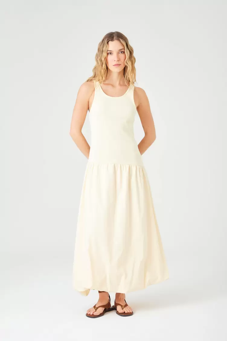 Vestido entallado arriba con falda globo en algodón crema para mujer