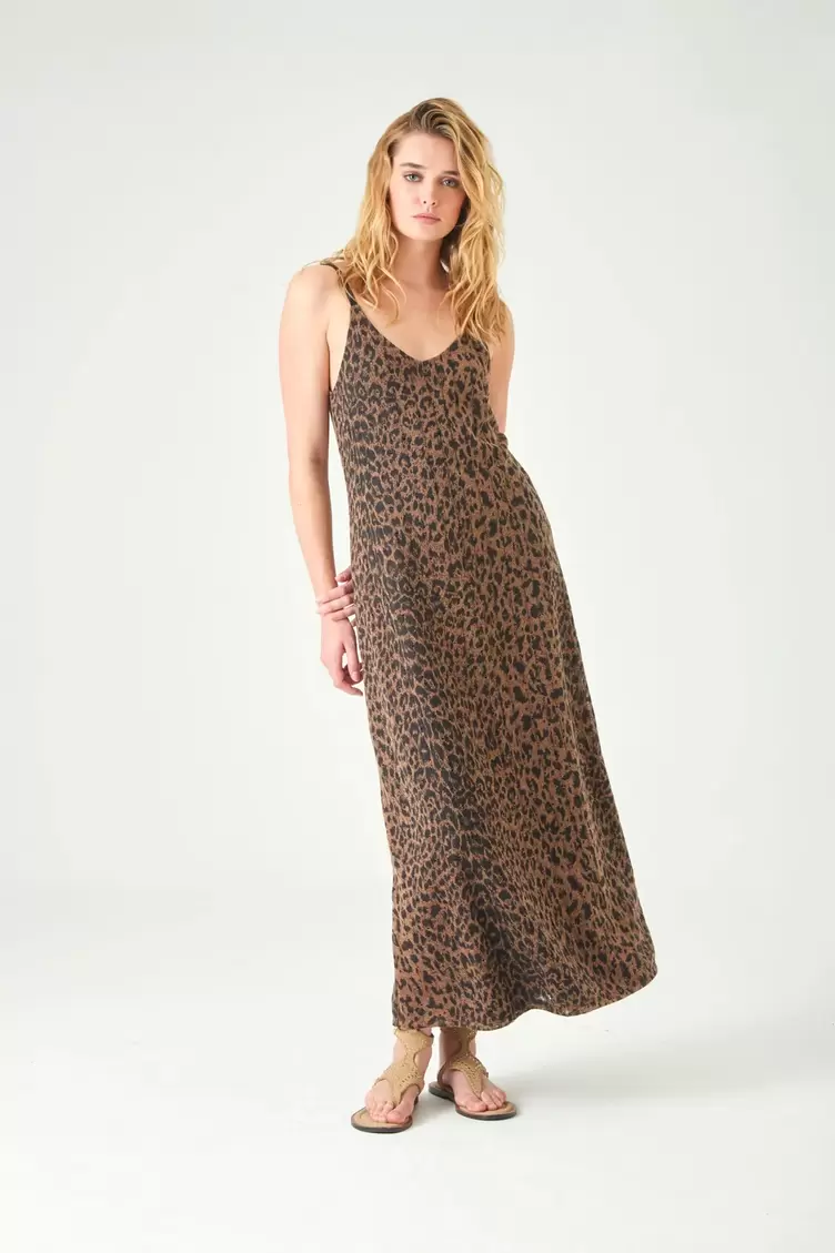 Vestido largo fit relajado con estampado leopardo en marrón para mujer