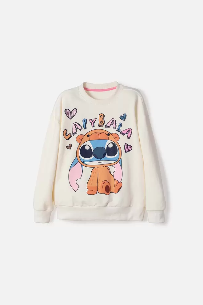 BUZO DE STITCH Y CAPYBARA CERRADO MARFIL PARA NIÑA