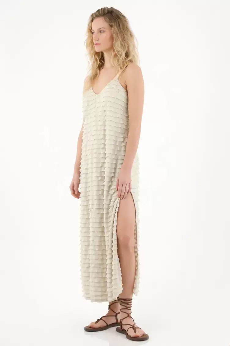 Vestido largo con boleros crudo con textura suave para mujer