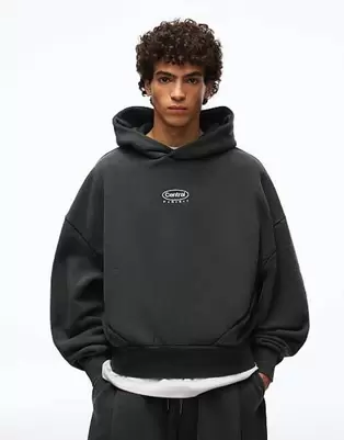 Bershka Boxy washed hoodie in black
