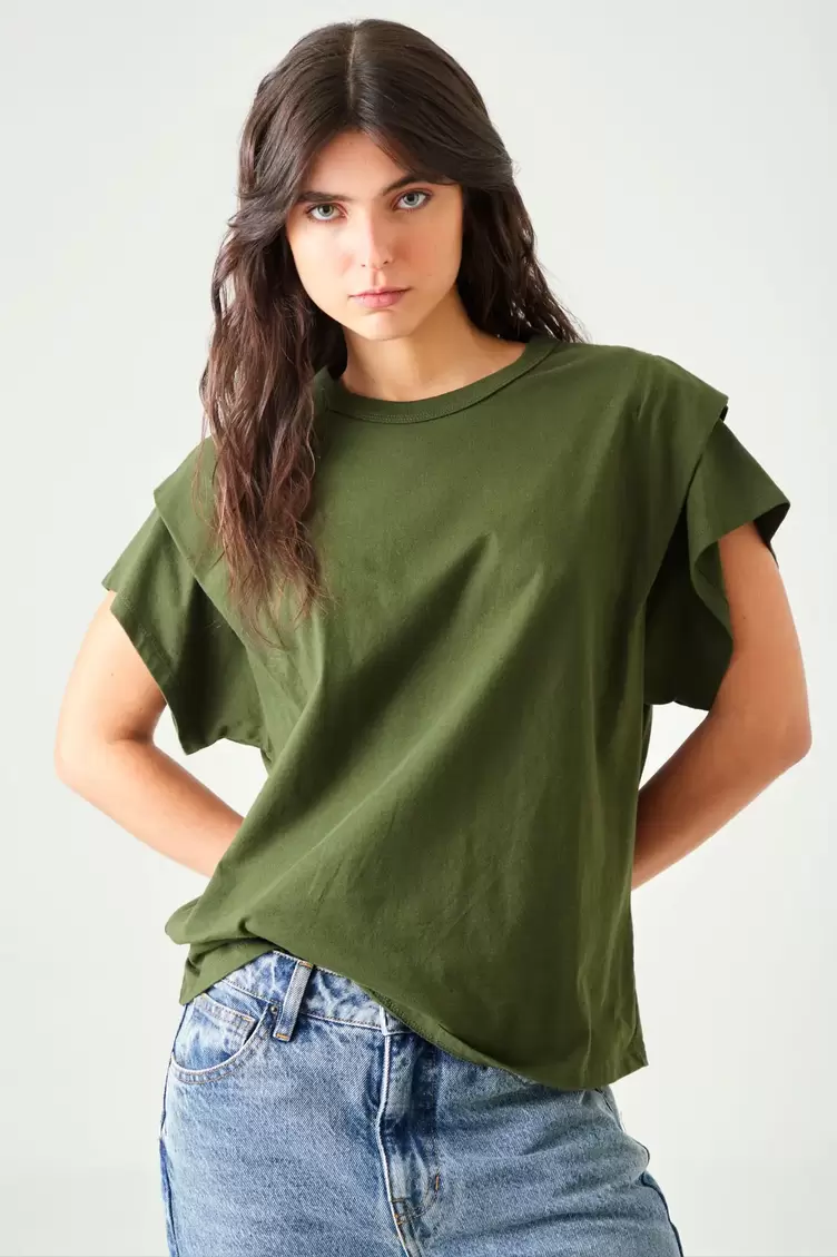 Camiseta relaxed fit bolero en hombro en verde oliva para mujer