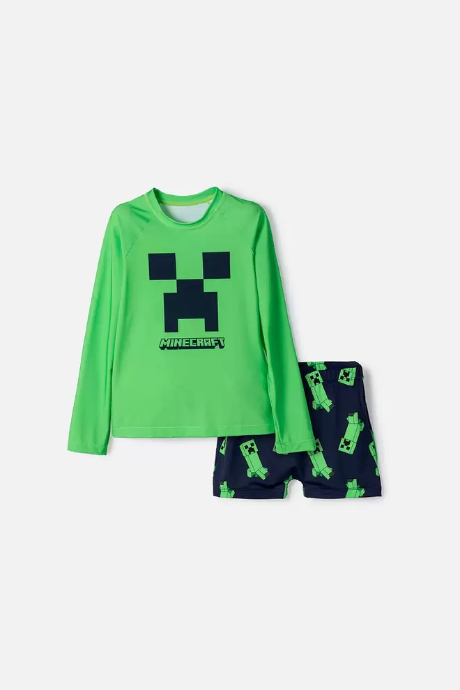 CONJUNTO DE MINECRAFT MANGA LARGA VERDE Y AZUL PARA NIÑO