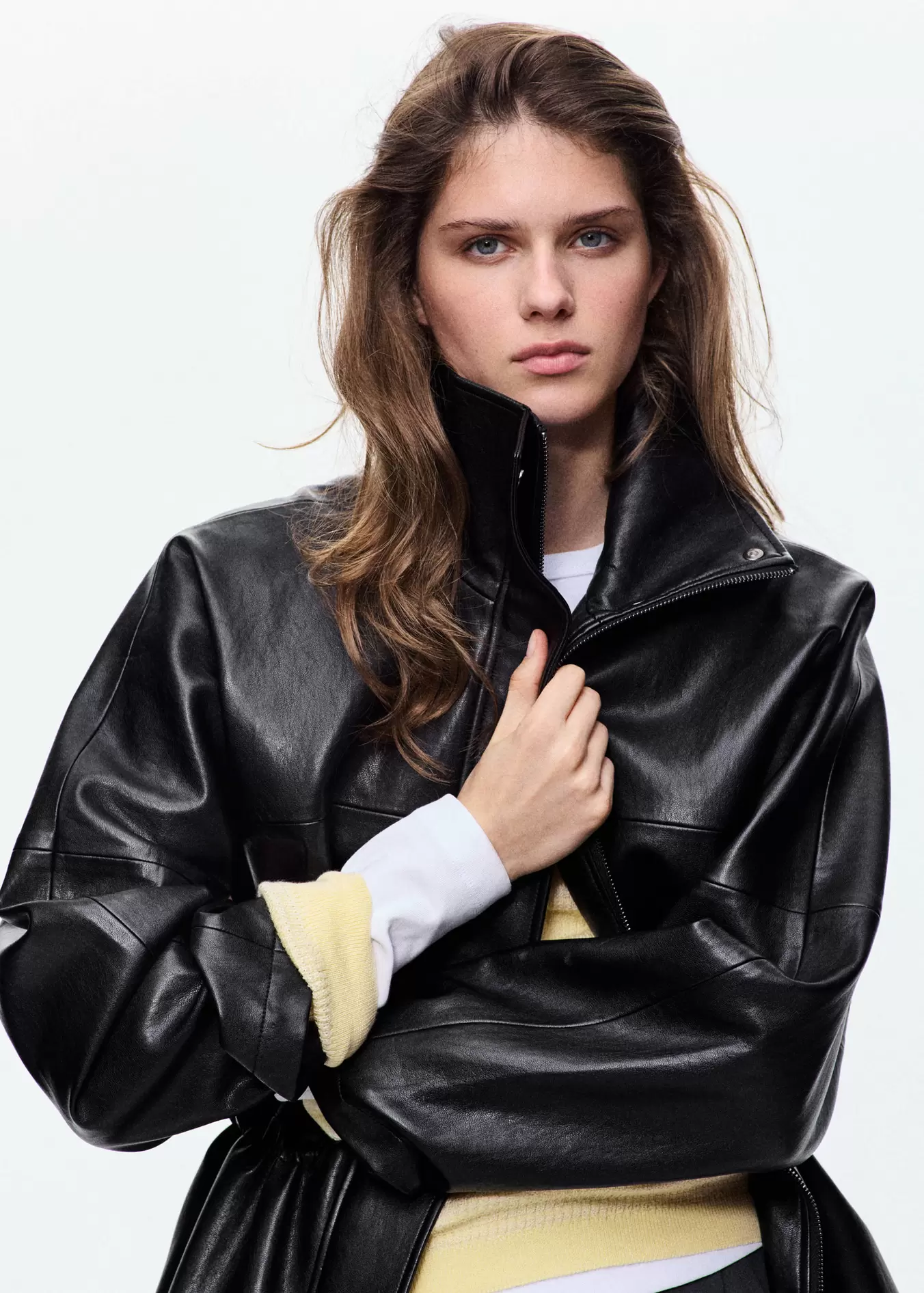 Faux leather funnel neck jacket