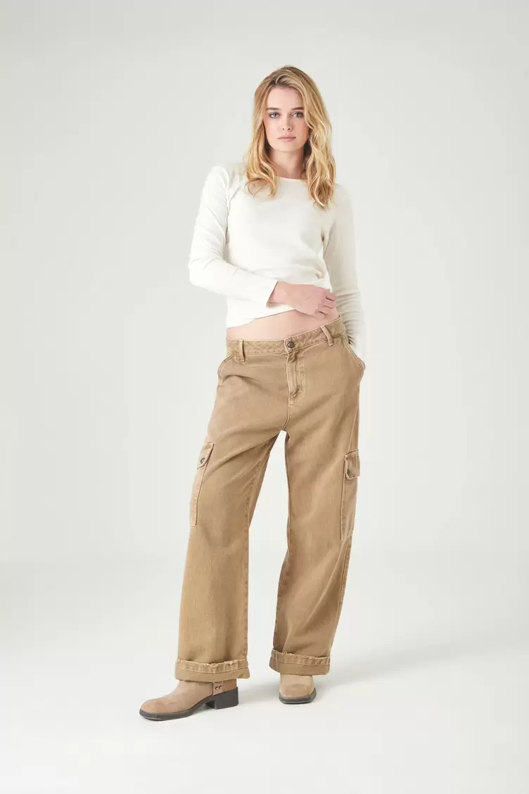 Pantalón cargo wide leg con bolsillos laterales en algodón caqui para mujer