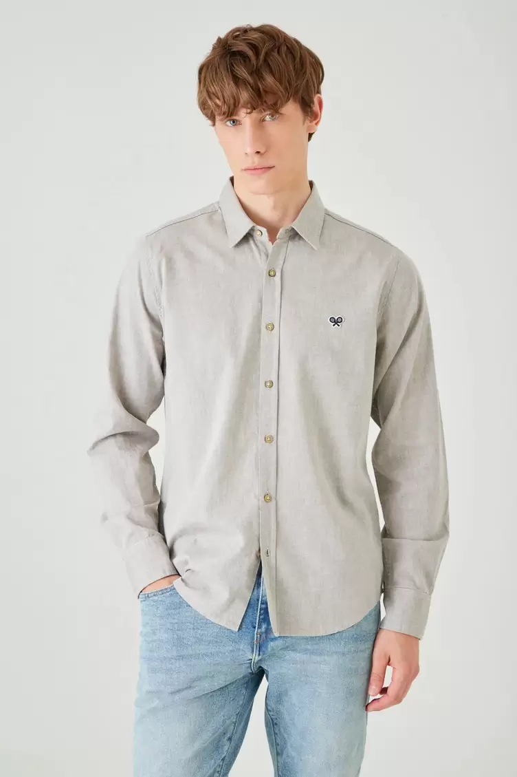 Camisa de corte clásico con bordado al pecho de algodón gris jaspeado para hombre