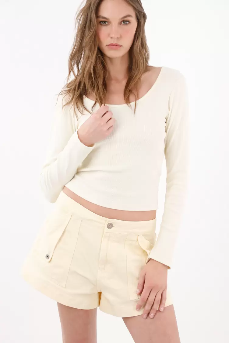 Camiseta manga larga con cuello redondo en algodón crudo para mujer