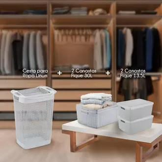 Combo Organizador Zona De Ropas, 1 Cesta De Ropa Linum, 2 Canastas Fique 13.5 Litros, 2 Canastas Fique 30 Litros