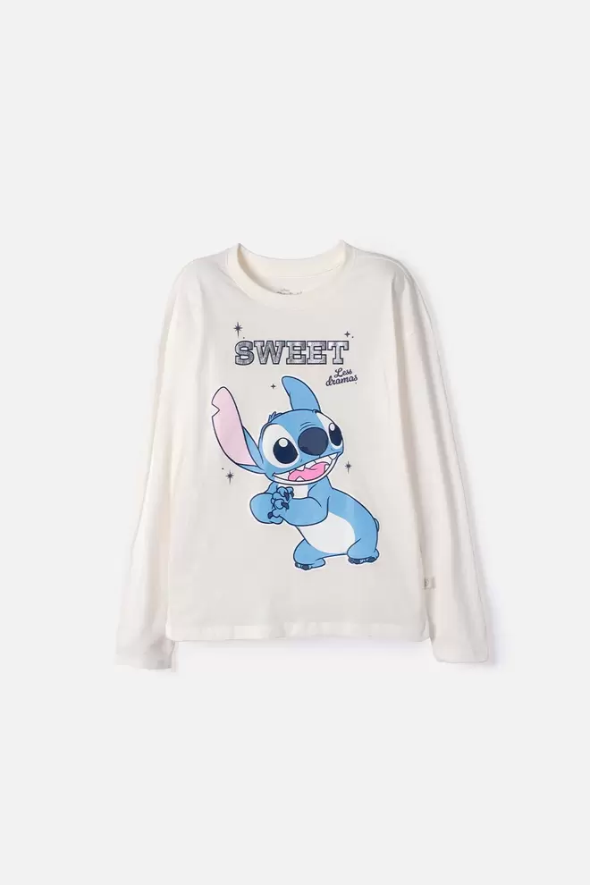 CAMISETA DE LILO Y STITCH MANGA LARGA MARFIL PARA NIÑA