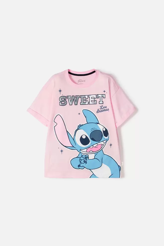 CAMISETA DE STITCH MANGA CORTA ROSADA PARA NIÑA