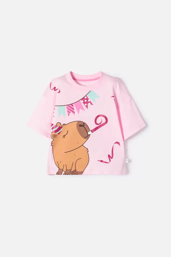 CAMISETA DE CAPYBARA ROSA PASTEL MANGA CORTA PARA NIÑA