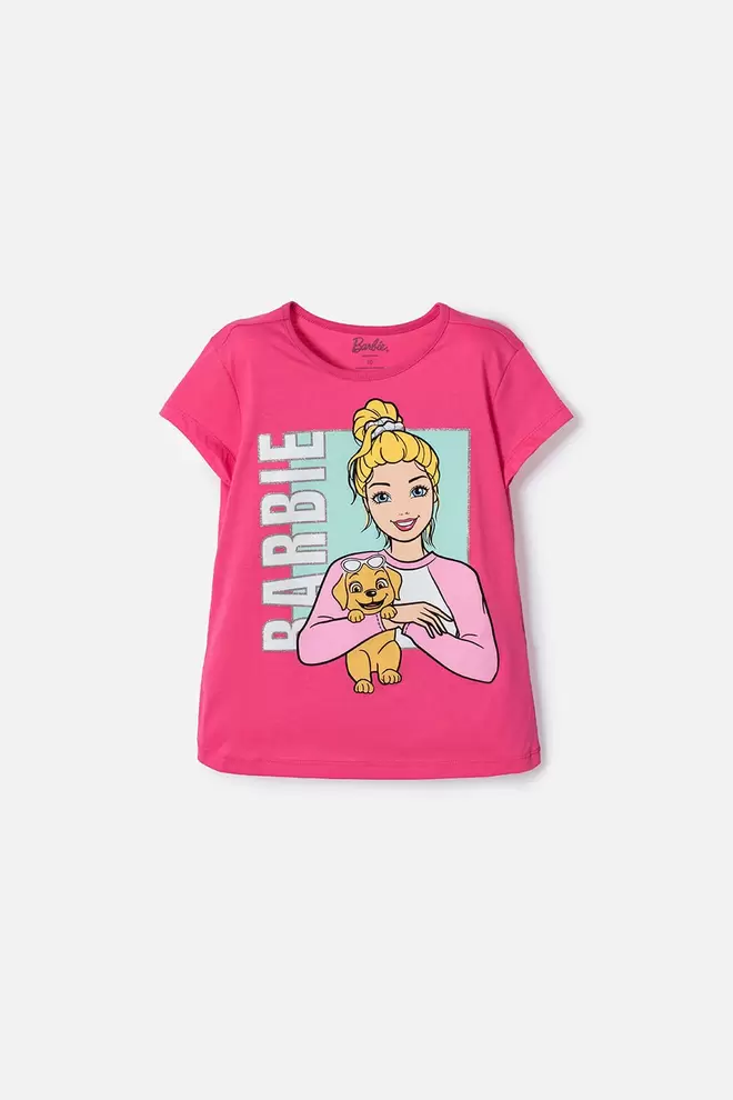 CAMISETA DE BARBIE MANGA CORTA ROSADA PARA NIÑA