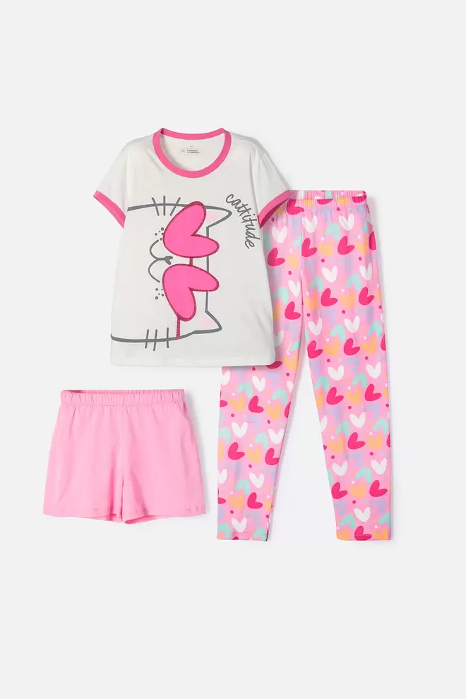 PIJAMA DE MIC 3 PIEZAS MARFIL Y ROSADO PARA NIÑA