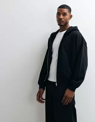 COLLUSION heavyweight boxy zip through hoodie in black