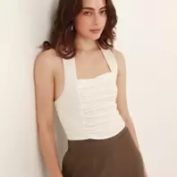 Blusa con lazo en cuello y combinación de tejidos