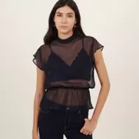 Blusa cuello alto ruche manga corta con ajuste en cintura