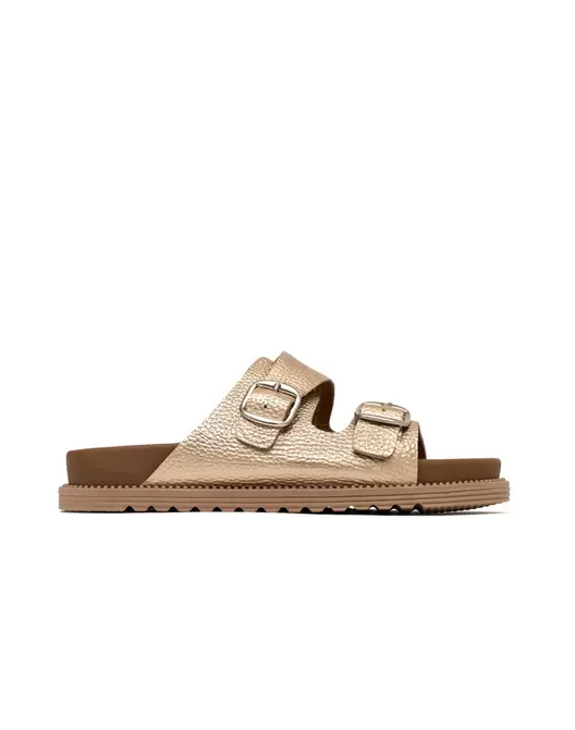 Sandalia Plana en Cuero con Doble Hebilla Ajustable para Mujer Color Peltre Marca JOSH Ref. HAWAIANA01
