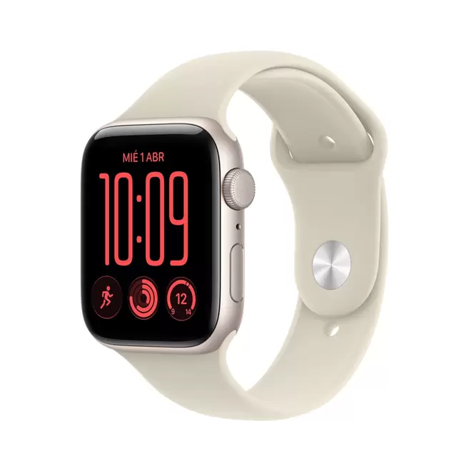 Apple Watch SE 3 GPS • Caja de aluminio blanco estelar de 44 mm • Correa deportiva color arena – M/L