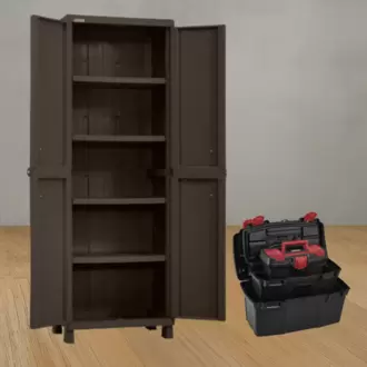 Combo Garaje, 1 Armario Grande Rattan Wengue, 1 Combo Caja Herramientas De 19, 16 Y 11 Pulgadas Apilable Negra