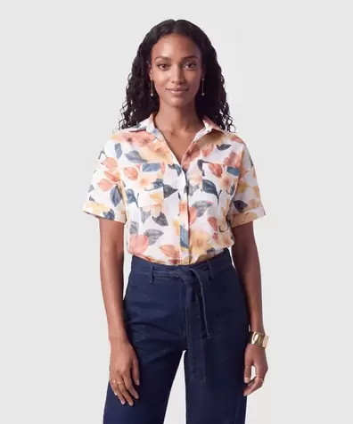 Camisa Manga Corta Estampada Con Bolsillos Para Mujer