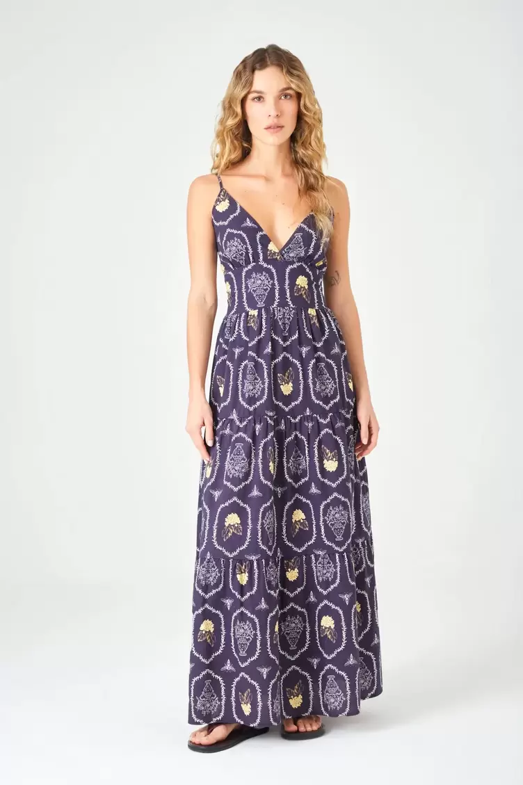 Vestido largo fluido con estampado medallón en morado para mujer