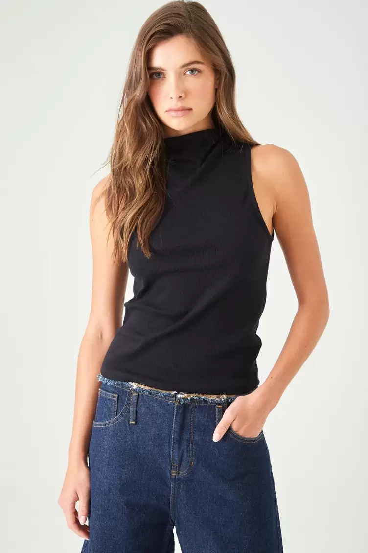 Camiseta entallada con cuello alto sin mangas en negro para mujer