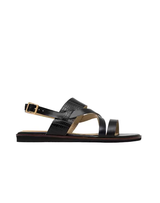 Sandalia Plana en Cuero con Tiras Cruzadas y Grabado para Mujer Color Negro Marca JOSH Ref. COA1829