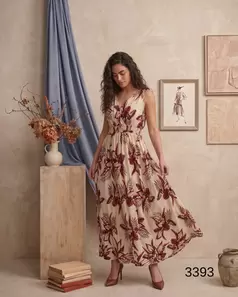 Vestido Maxi Sin Mangas con Fajón Elástico y Estampado Botánico Ref. 3393