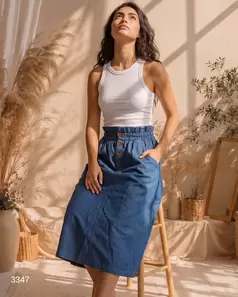 Falda Midi de Chambray con Cintura Fruncida