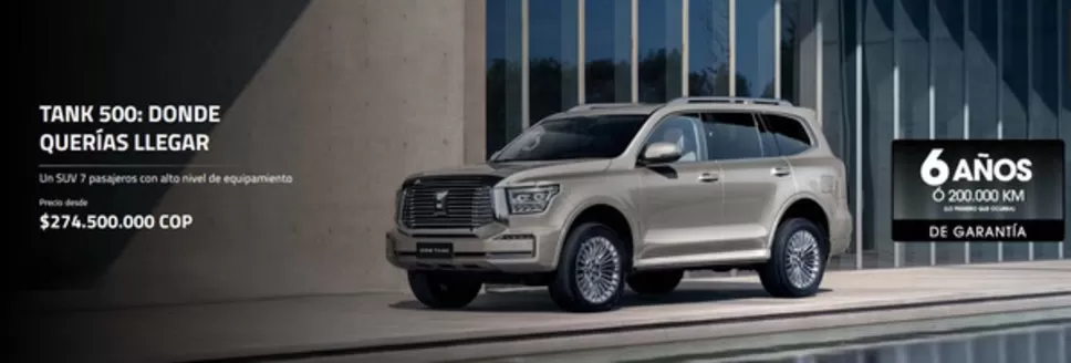 Catálogo Great Wall en Medellín | Tank 500: Donde Quieres Llegar $274.500.000 | 2026-01-09T00:00:00.000Z - 2026-01-31T00:00:00.000Z