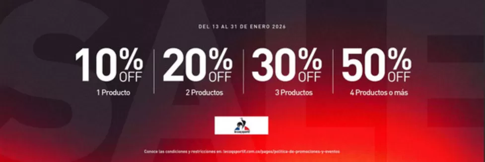 Catálogo Le Coq Sportif en Cali | 10% OFF 1 Product, 20% Off 2 Product, 30% OFF 3 Product, 50% OFF 4Product | 2026-01-15T00:00:00.000Z - 2026-01-31T00:00:00.000Z